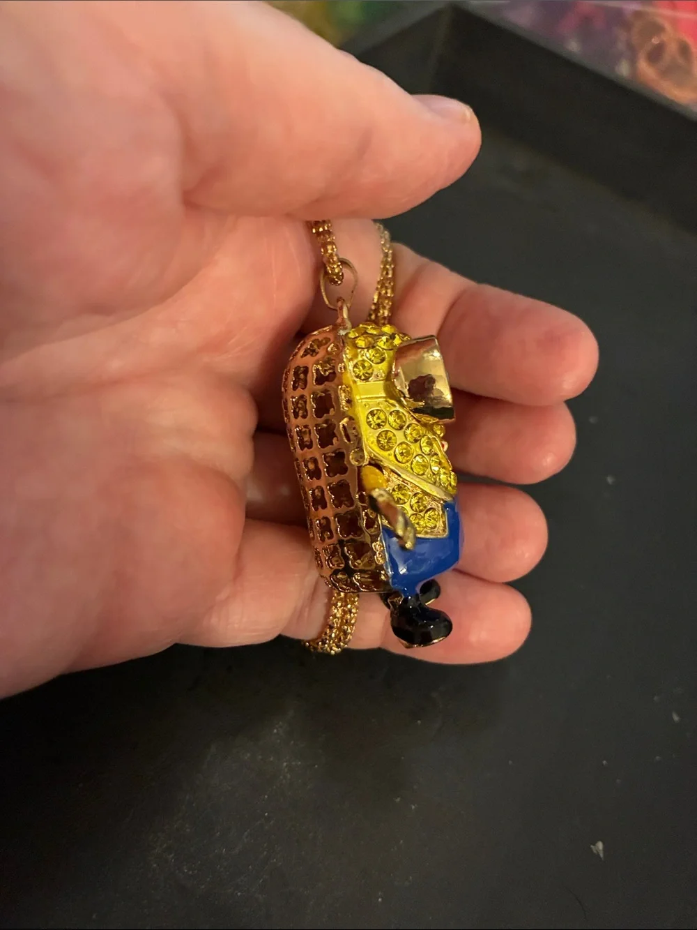 Minion Pendant Necklace with Blue Enamel.Holding a Root Beer. NWOT